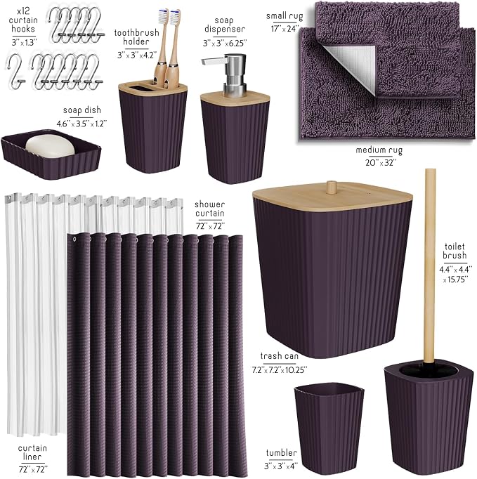 Clara Clark Purple Bathroom Set, Bathroom Sets with Shower Curtain and Rugs | 22 Piece Bathroom Accessories Set with Toothbrush Holder, Soap Dispenser, Soap Dish, Toilet Brush, and Bathroom Trash Can