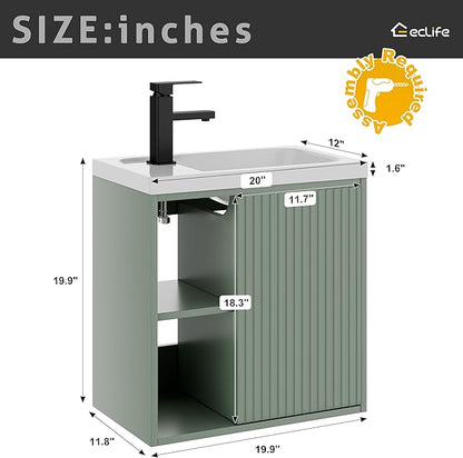 eclife 20" Floating Bathroom Vanity Sink Combo for Small Space, Wall-Mounted Guest Toilet Wash Basin Cabinet with Opening Shelf, Soft Closing Door, Gray Green Painted
