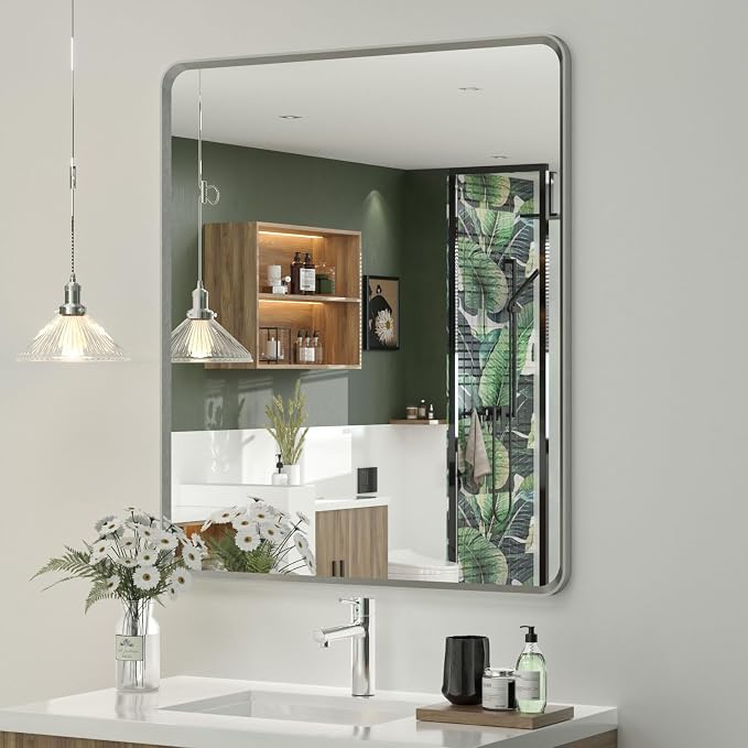 OKPAL 28 x 32 Silver Framed Mirror, Brushed Nickel Bathroom Mirror for Wall, Modern Rounded Rectangle Mirror, Brushed Silver Vanity Mirror, Anti-Rust, HD Glass (Horizontal/Vertical)