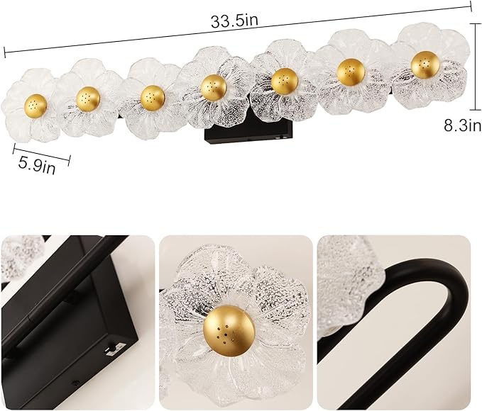 MantoLite Bathroom Light Fixtures Modern Vanity Light Over Mirror Adjustable 3000K-6000K Picture Lights Art Light with Floral Clear Glass Shades for Living Room Bedroom Wall Sconces (7 Light Black)