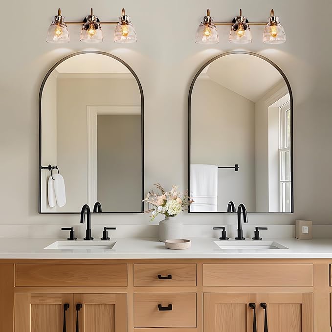 KSANA Black Gold Bathroom Light Fixtures, 3 Light Modern Vanity Lights with Textured Glass Mid-Century Bathroom Vanity Lighting for Bedroom, Kitchen, Powder Room, Black & Electroplated Brass Finish
