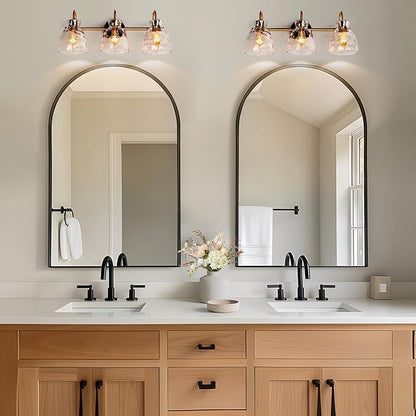 KSANA Black Gold Bathroom Light Fixtures, 3 Light Modern Vanity Lights with Textured Glass Mid-Century Bathroom Vanity Lighting for Bedroom, Kitchen, Powder Room, Black & Electroplated Brass Finish
