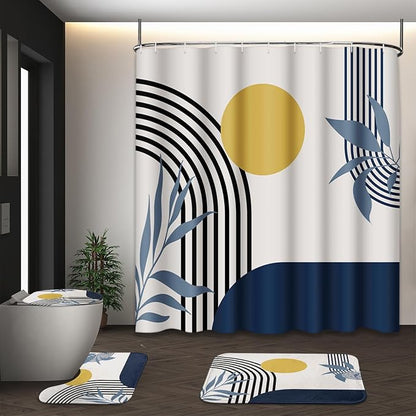 Bathroom Sets with Shower Curtain and Rugs, Boho Geometric 4 Pcs, | Abstract Mid Century Modern Bathroom Decor Set with Toilet Lid Cover, Non-Slip Bath Mats and Accessories 12 Hooks