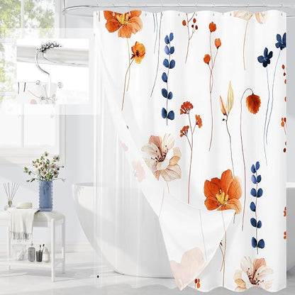 Extra Long 3 in 1 Shower Curtain Set, Orange Navy Watercolor Floral Bath Curtain and PEVA Liner Set with 12 Double Sided Steel Hooks, Waterproof Fabric Bathroom Curtain 72x84