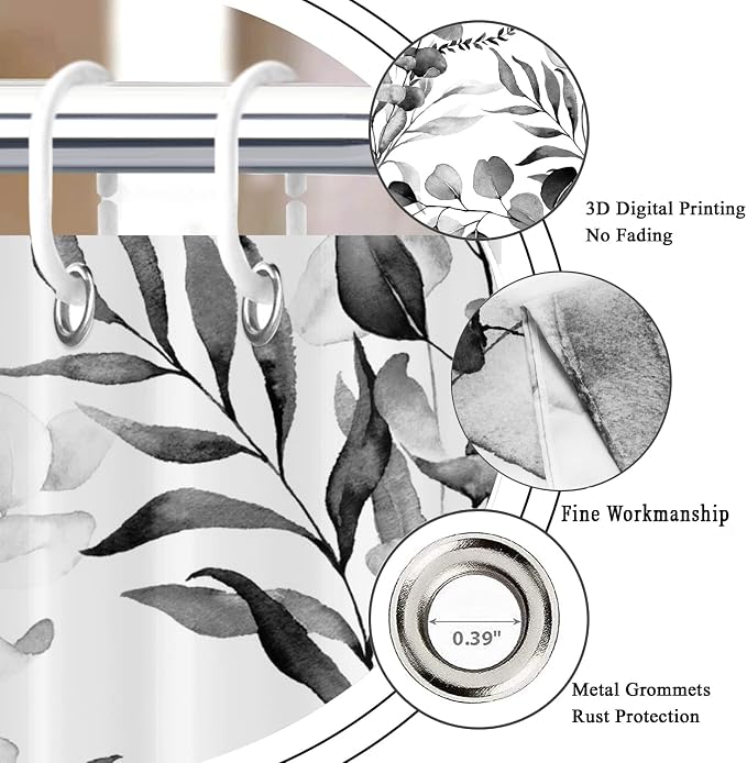 Black Eucalyptus Leaf Stall Shower Curtain, Black Botanical Watercolor Plants Bathroom Curtain Bathtub Home Decor Waterproof Fabric Machine Washable with 6PCS Hooks,36" Wx72 L
