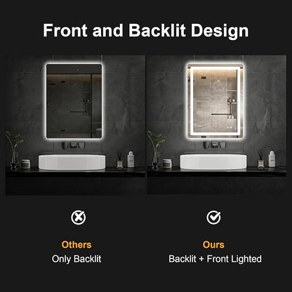 LED Bathroom Mirror with Lights, 24 x 32 Lighted Vanity Wall Mirror | Backlit and Frontlit, Anti-Fog, Dimmable 3 Colors, Shatter-Proof Tempered Glass, Memory Function, Plug-in/Hardwired