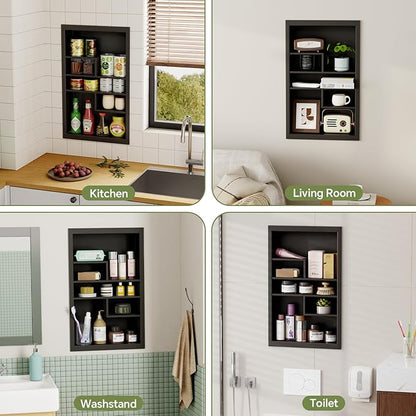 14x24 Medicine Cabinet Recessed Stainless Steel, with 5 Compartments Medicine Cabinet Organizer, Stainless Steel Wall Niche, Bathroom Wall Cabinet, Recessed Bathroom Cabinet, Black