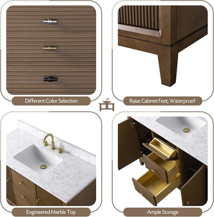 Vanity Art 48" Bathroom Vanity with Single Sink & Arabescato White Engineered Stone Top, Vanity Cabinet with Soft Closing Door, Solid Wood Frame, Golden Brushed Handles, Walnut VA8148-Walnut-GB