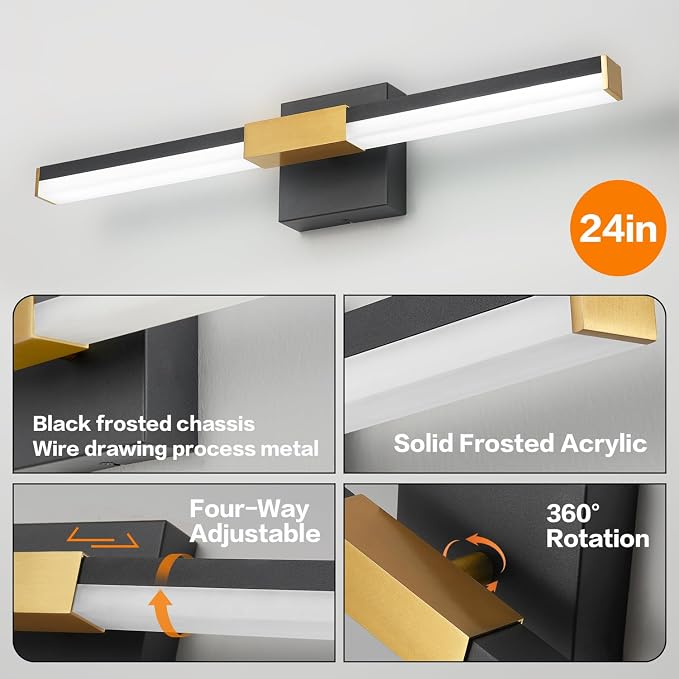 SOLFART Vanity Lights for Bathroom Dimmable: Black and Gold 24-Inch Built-in Step Dimming Bathroom Light Fixtures Over Mirror ETL IP44