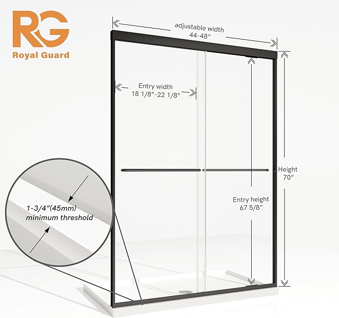 Royal Guard Double Sliding Shower Door,44-48" W x 70" H,Matte Black | Shower Doors with 6mm Clear SGCC Tempered Glass,Bypass Shower Enclosure,Nano Coating Easy Clean&Waterproof&Adjustable Width