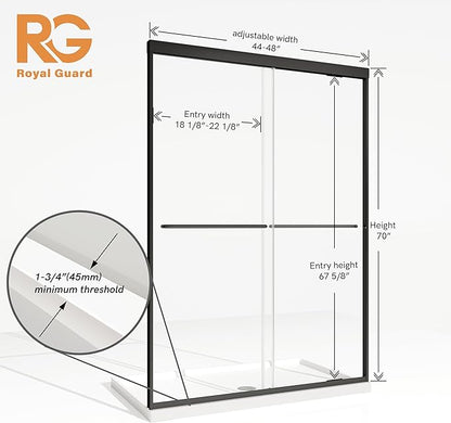 Royal Guard Double Sliding Shower Door,44-48" W x 70" H,Matte Black | Shower Doors with 6mm Clear SGCC Tempered Glass,Bypass Shower Enclosure,Nano Coating Easy Clean&Waterproof&Adjustable Width