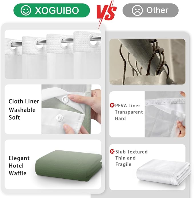 No Hook Shower Curtain and Liner Set,Ombre Green Hotel Waffle Shower Curtain with Liner 75" L x 72" W