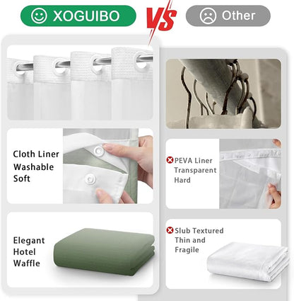 No Hook Shower Curtain and Liner Set,Ombre Green Hotel Waffle Shower Curtain with Liner 75" L x 72" W