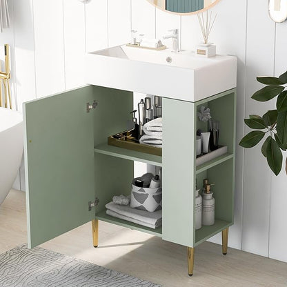 Merax Bathroom Vanity with Ceramic Sink, 21.6" Freestanding Bathroom Cabinet Vanity with Storage, Single Sink Small Vanity, Green