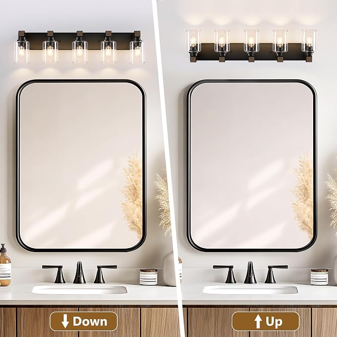 Farmhouse Black 5-Light Bathroom Vanity Light, Square Glass Shade | Vintage Rustic Design, Wood Grain Finish, Matte Black Metal, Wall Mount Over Mirror Lighting Fixtures for Bathroom Restroom