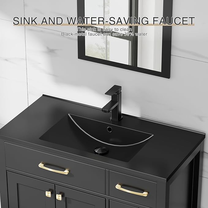 LUCKWIND 36" Bathroom Vanity with Sink Combo, Painted Modern Bathroom Storage Cabinet with Large Black Sink, Two Doors and Three Drawers, Include Faucet, Without Mirror, Black