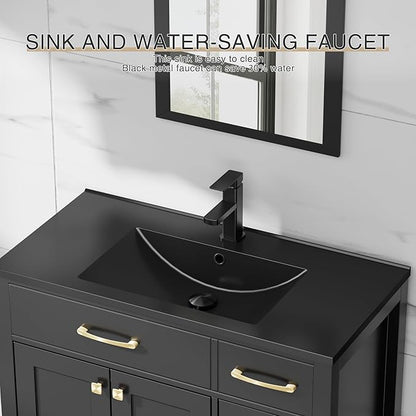 LUCKWIND 36" Bathroom Vanity with Sink Combo, Painted Modern Bathroom Storage Cabinet with Large Black Sink, Two Doors and Three Drawers, Include Faucet, Without Mirror, Black
