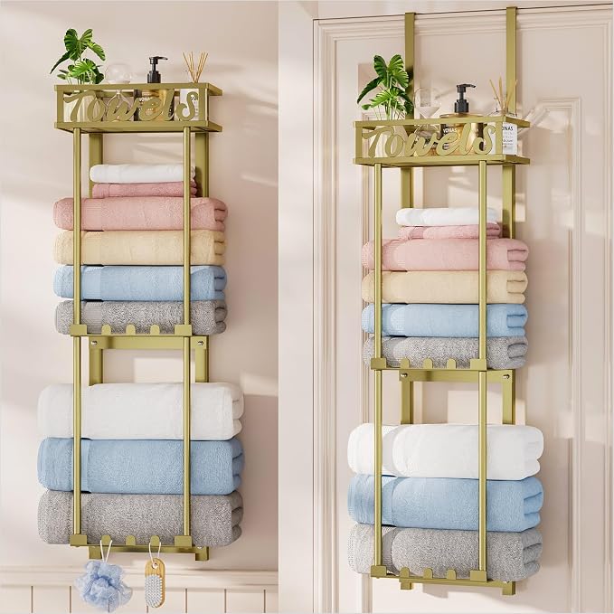 HapiRm Towel Rack Bathroom Storage - 3 Tier Over The Door & Wall Mounted Rolled Towel Racks Holder Organizer with Metal Shelf and 6 Hooks for Small Bathroom, Camper, Rv - Gold