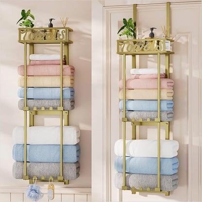 HapiRm Towel Rack Bathroom Storage - 3 Tier Over The Door & Wall Mounted Rolled Towel Racks Holder Organizer with Metal Shelf and 6 Hooks for Small Bathroom, Camper, Rv - Gold