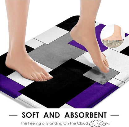 Bathroom Sets with Shower Curtain and Rugs, 4 Pcs, Geometric Purple | Abstract Modern Checkered Bathroom Decor Set with Toilet Lid Cover, Non-Slip Bath Mats and Accessories 12 Hooks