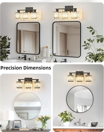 3-Light Bathroom Light Fixtures, Modern Black Crystal Wall Light for Bathroom,Lighting Fixtures Over Mirror