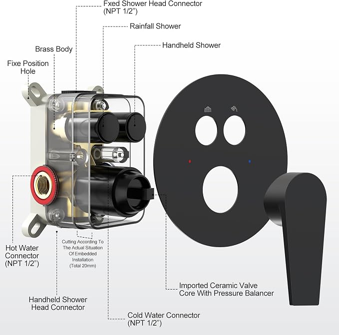 SR SUN RISE 12" Matte Black Rain Shower Faucet Set with Valve & Handheld | Dual-function High Pressure Shower System, 6-Setting Handheld, Pressure-balanced Valve Anti-Scald, Push-button Diverter