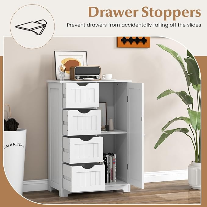 Giantex Bathroom Storage Cabinet with Drawers - 4 Drawer Storage Organizer w/Cupboard, Adjustable Shelf, Anti-Toppling Device, Entryway Storage Unit Console Table, Bathroom Floor Cabinet (White)