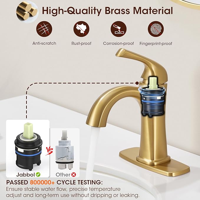Brushed Gold Single Hole Bath Room Faucets,Brushed Gold Bathroom Faucet,Single Handle Brass Sink Faucet Bathroom for 1 or 3 Holes,with Pop Up Drain Supply Hose for Vanity,Lavatory RV Farmhouse