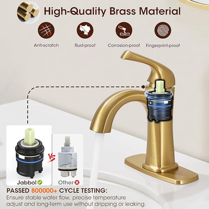 Brushed Gold Single Hole Bath Room Faucets,Brushed Gold Bathroom Faucet,Single Handle Brass Sink Faucet Bathroom for 1 or 3 Holes,with Pop Up Drain Supply Hose for Vanity,Lavatory RV Farmhouse