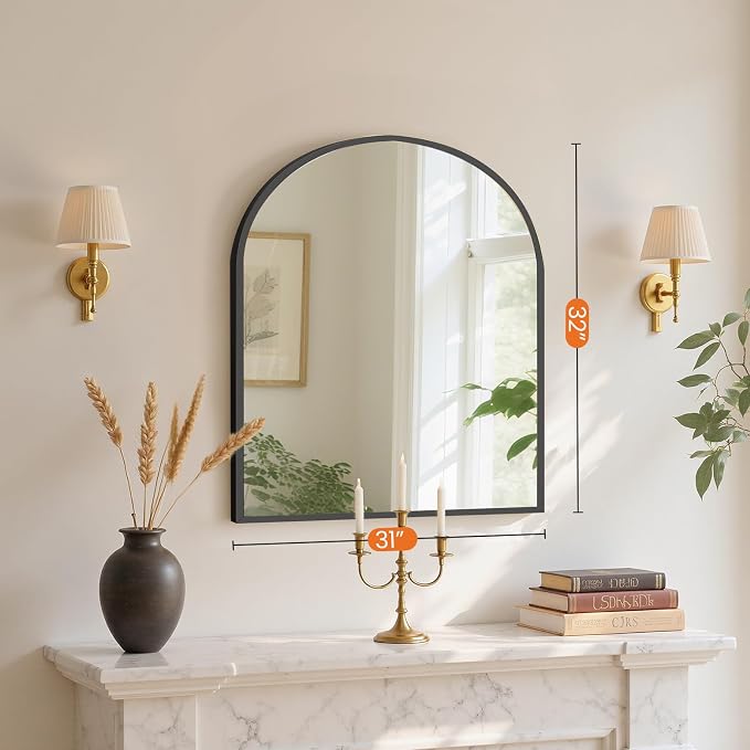 Sweetcrispy 31x32 Bathroom Mirrors for Wall, Arched Mirror for Over Sink | Metal Framed HD Shatter-Proof Glass, Decor Wall Mirror for Entryway, Living Room, Bedroom, Black
