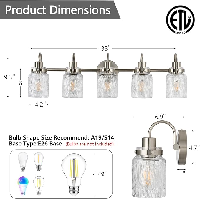 5 Lights Bathroom Vanity Light, Brushed Nickel Bathroom Light Fixtures with Hammered Glass Lampshade for Dressing Table,Over Mirror,Hallway