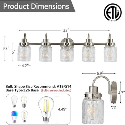 5 Lights Bathroom Vanity Light, Brushed Nickel Bathroom Light Fixtures with Hammered Glass Lampshade for Dressing Table,Over Mirror,Hallway