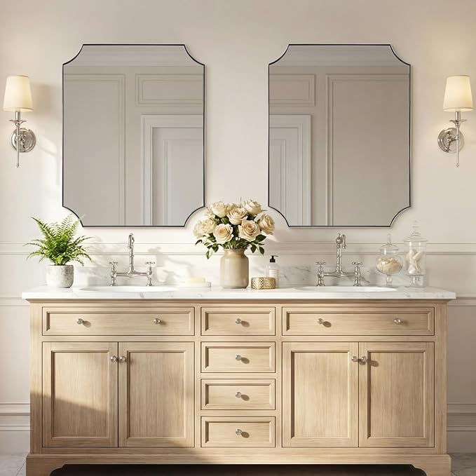 30"x36" Brushed Nickel Vanity Mirror, Scalloped Bathroom Mirror, Silver Rectangle Mirror in Anti-Rust Stainless Steel Metal Thin Frame, Wall-Mounted Mirror (Horizontal/Vertical)