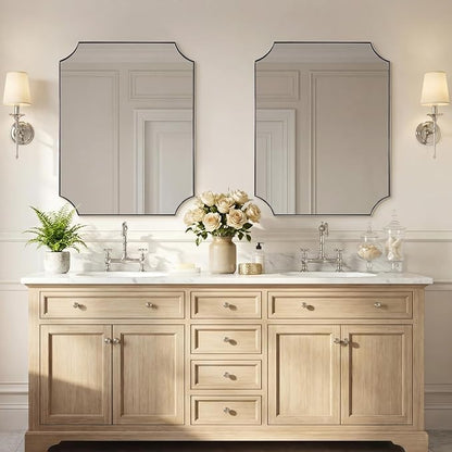 30"x36" Brushed Nickel Vanity Mirror, Scalloped Bathroom Mirror, Silver Rectangle Mirror in Anti-Rust Stainless Steel Metal Thin Frame, Wall-Mounted Mirror (Horizontal/Vertical)