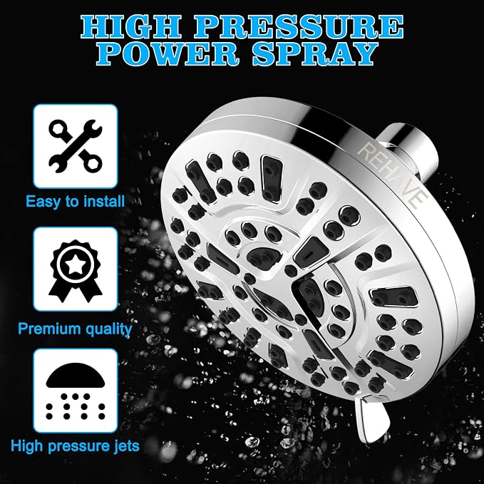 5.1-Inch Rainfall Shower Head with 63 Jets, 8 Spray Modes - Chrome Finish, Brass Angle-Adjustable, Anti-Clogging Silicone Nozzles