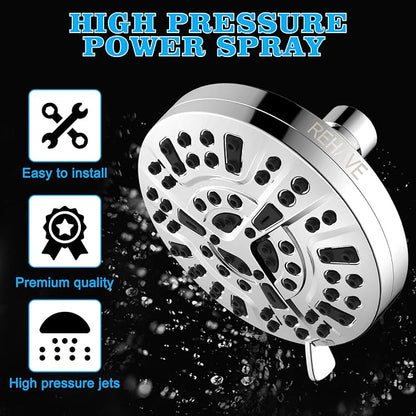 5.1-Inch Rainfall Shower Head with 63 Jets, 8 Spray Modes - Chrome Finish, Brass Angle-Adjustable, Anti-Clogging Silicone Nozzles