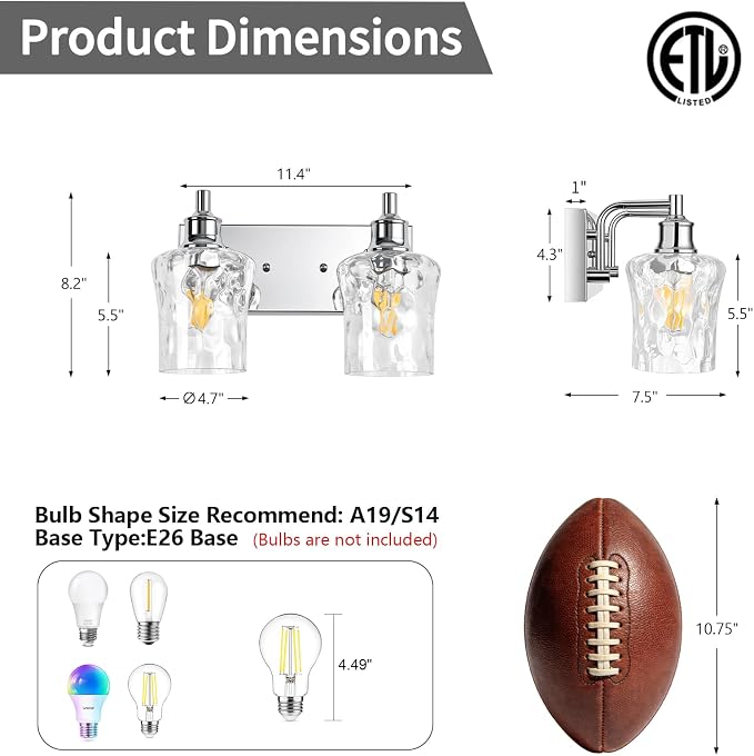 Bathroom Light Fixtures Farmhouse Chrome Vanity Lights for Bathroom Lighting Fixtures Over Mirror with Hammered Glass Lampshade for Cabinet Mirror Bedroom Hallway 2 Light