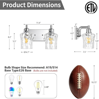 Bathroom Light Fixtures Farmhouse Chrome Vanity Lights for Bathroom Lighting Fixtures Over Mirror with Hammered Glass Lampshade for Cabinet Mirror Bedroom Hallway 2 Light