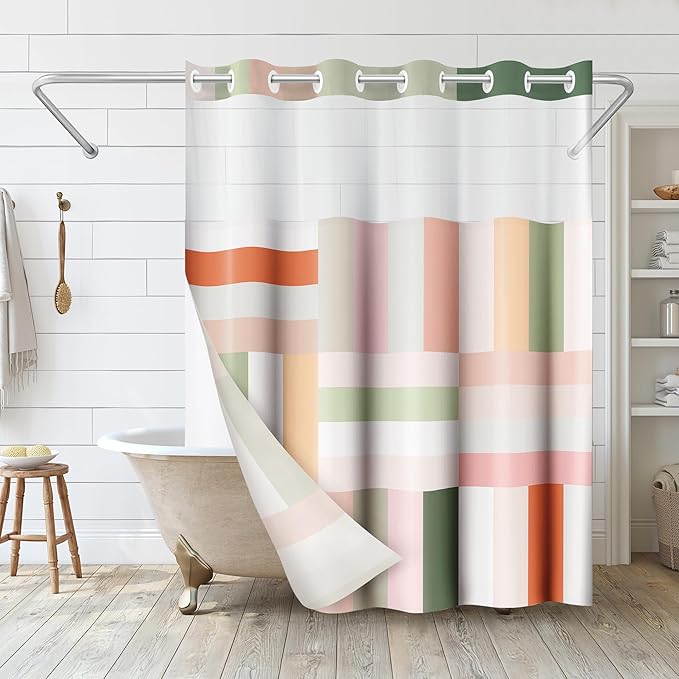 Americanflat 72x75 Hookless Shower Curtain - Water-Resistant Modern Stripe Shower Curtain with Sheer Panel, Snap-In Liner, and Grommets - 100% Polyester - Pink, Sage Green, Terracotta, Peach and White
