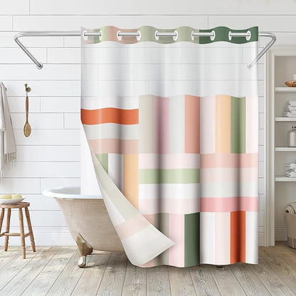 Americanflat 72x75 Hookless Shower Curtain - Water-Resistant Modern Stripe Shower Curtain with Sheer Panel, Snap-In Liner, and Grommets - 100% Polyester - Pink, Sage Green, Terracotta, Peach and White