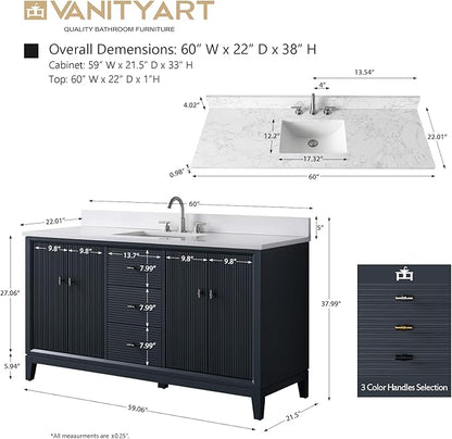 Vanity Art 60" Bathroom Vanity with Single Sink & Arabescato White Engineered Stone Top, Soft Closing Door, Solid Wood Frame, Golden Brushed Handles, Vintage Spruce Blue VA8160S-VSB-GB