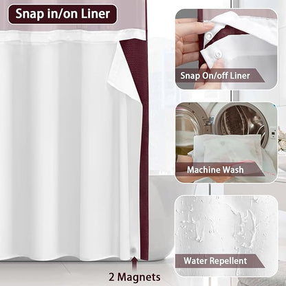 No Hook Shower Curtain and Liner Set,Burgundy Hotel Waffle Shower Curtain with Liner 75" L x 72" W
