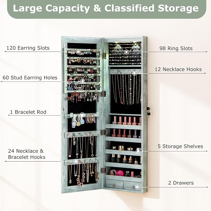 LDAILY Moccha Wall Door Jewelry Armoire, 47.5" H Full Length Mirrored Jewelry Cabinet with 2 LED Lights and 2 Drawers, Lockable Jewelry Cabinet, Jewelry Organizer Storage for Bedroom (Weathered Blue)