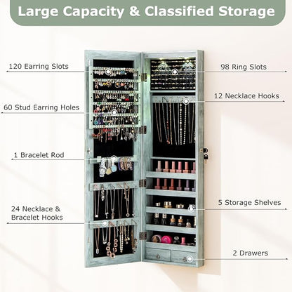 LDAILY Moccha Wall Door Jewelry Armoire, 47.5" H Full Length Mirrored Jewelry Cabinet with 2 LED Lights and 2 Drawers, Lockable Jewelry Cabinet, Jewelry Organizer Storage for Bedroom (Weathered Blue)