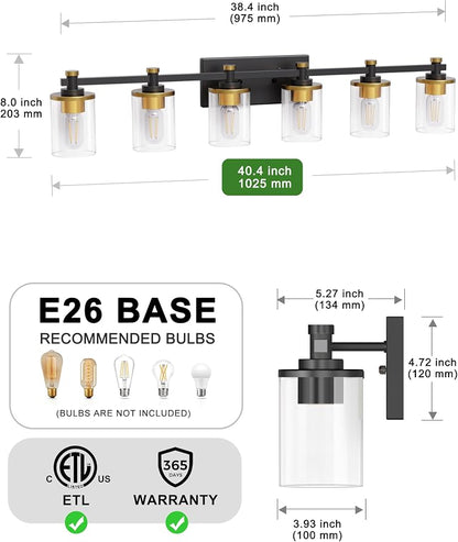 Bathroom Light Fixture, Bathroom Vanity Light Over Mirror, 6-Lights | Vanity Lights for Bathroom, Modern Lighting Fixtures with Clear Glass Shade, Black and Gold Vanity Lights, ETL Listed