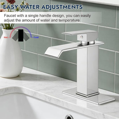 Midanya Waterfall Bathroom Sink Faucet 1 Hole,Polish Chrome | with cUPC Hoses,Pop Up Drain,Deck Plate,for 1 or 3 hole sink,Vanity,RV,Lavatory,Basin,Farmhouse,Stainless Steel,Single Handle