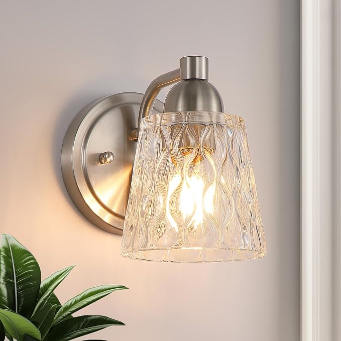 Mecgirn Stainless Steel Bathroom Vanity Light Over Mirror, 1 Light Brushed Nickel Bathroom Light Fixtures with Textured Glass Shades, Modern Vanity Lighting Wall Mount