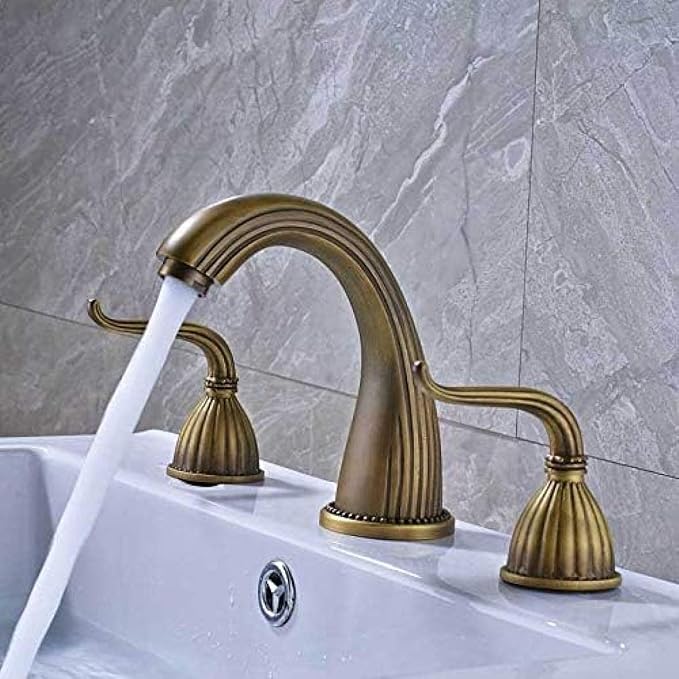 Basin Faucet Deck Mounted Bathroom Mixer Crane Dual Handle 3 Hole Cold and Hot Washing Tap-Antique Brass,Gold(Antique Brass)