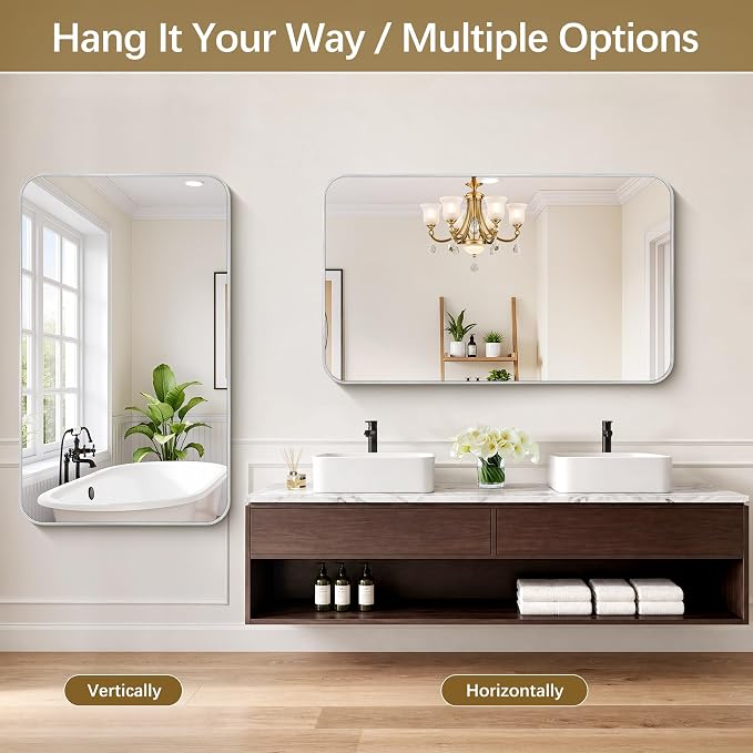 DESBING 50"x30" Bathroom Mirror for Over Sink, Silver Framed Wall Mirror | High-Definition Shatterproof Vanity Mirror with Rounded Corner for Bedroom Living Room Entryway Horizontally or Vertically