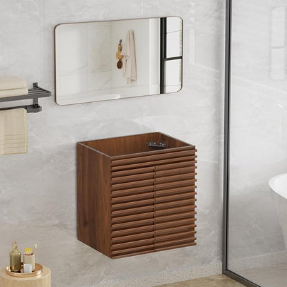 ROOMTEC 24" Bathroom Vanity, Mid-Century Wall Mounted Floating Cabinet with 2 Closing Doors, Wood Grain Texture, Walnut (Sink Basin Not Included)